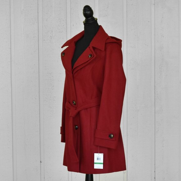 London Fog Women's Double Lapel Thigh Length Button Front Wool Coat w/Belt Red - Picture 8 of 13
